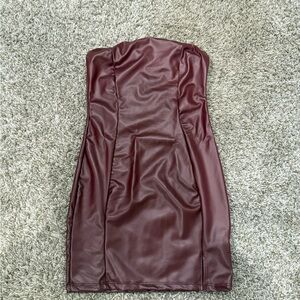 Strapless Faux Leather Maroon Dress